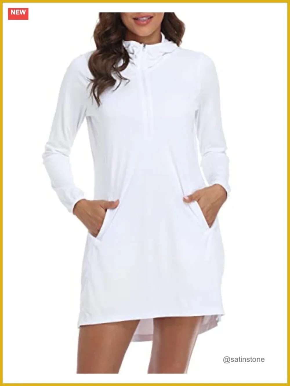 UPF 50 Long Sleeve Hooded Swim Cover Up Dress with Pockets Quick Dry Sun